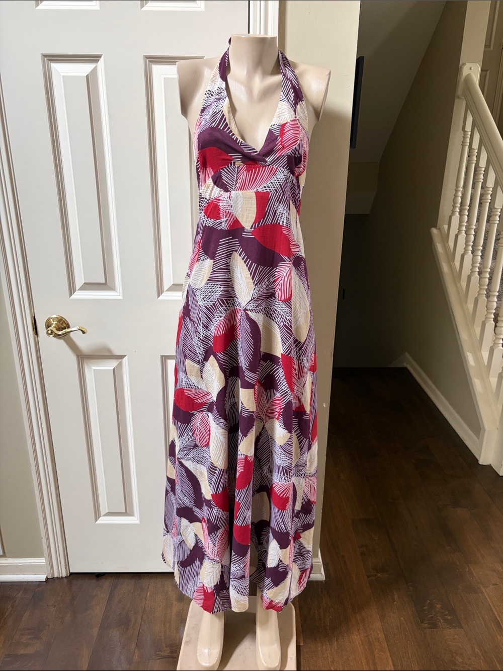 BCBGMaxAzria Purple, Pink and Cream Halter-Style Printed Maxi Dress, med